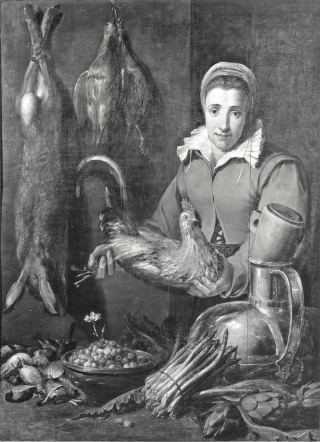 A. C. Cooper — Maniera di Floris Claesz. van Dyck - sec. XVII - Interno di cucina con selvaggina, asparagi, carciofi, gallina e figura femminile — insieme